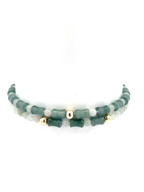 14K Solid Gold 4mm Bead Stretch Bracelet Green Icy Jade Bamboo Round
